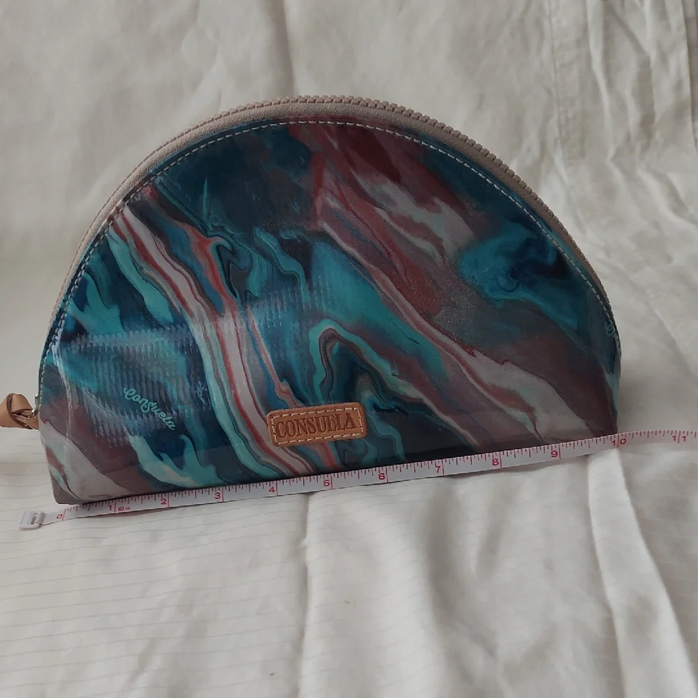 Consuela Teal and Burgundy Marble Half-Moon Cosmetic Pouch - Picture 1 of 6